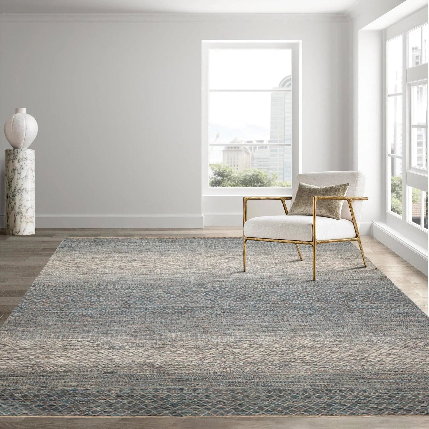 8' x 10' Hand Knotted 100% Wool Modern Oriental Area Rug Ivory, Blue, Aqua - VANT DESIGNS