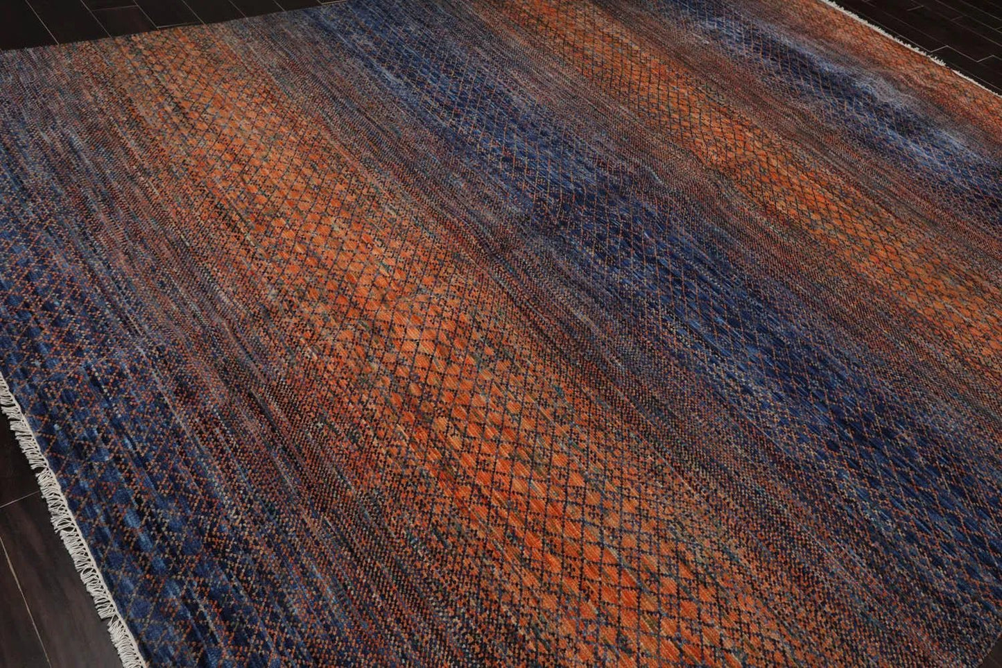 9' x 12' Hand Knotted Wool Modern Grass Area Rug — Orange & Navy - VANT DESIGNS