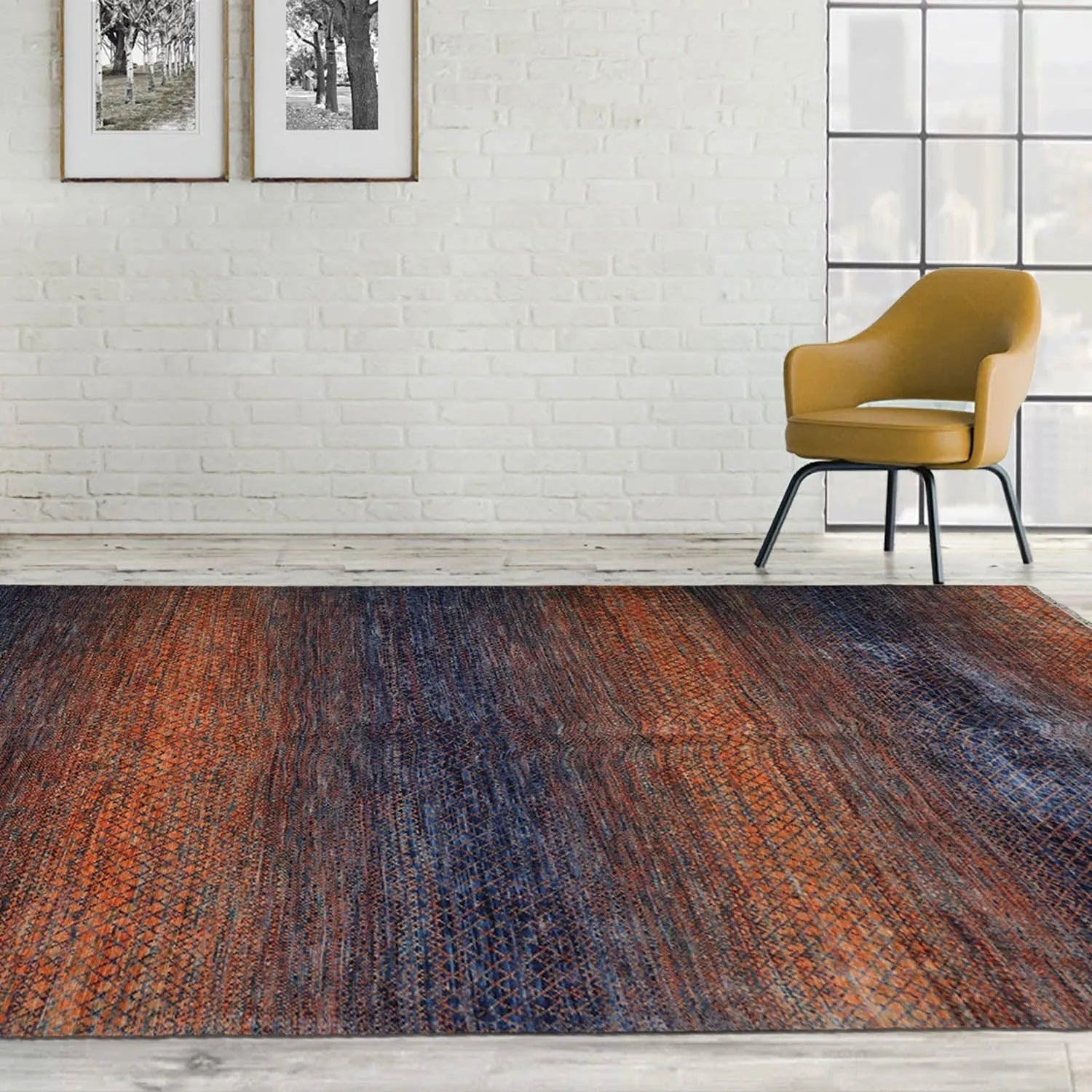 9' x 12' Hand Knotted Wool Modern Grass Area Rug — Orange & Navy - VANT DESIGNS