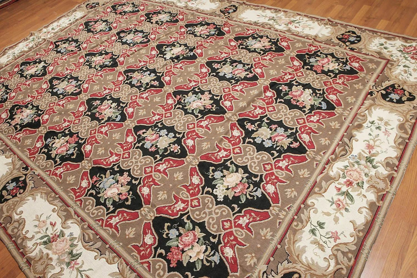 9x12 Brown Hand woven Wool French Flatweave Needlepoint Oriental Area Rug - VANT DESIGNS