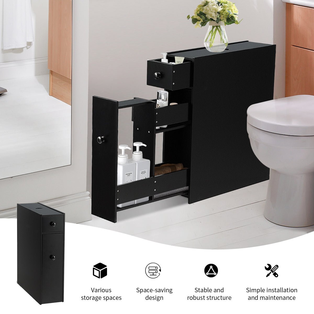Freestanding Slim Bathroom Storage Cabinet with Slide - out Drawers — Black - VANT DESIGNS