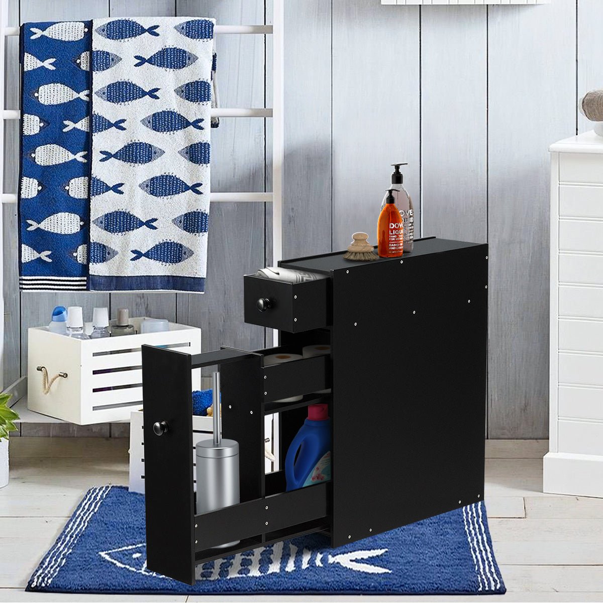 Freestanding Slim Bathroom Storage Cabinet with Slide - out Drawers — Black - VANT DESIGNS