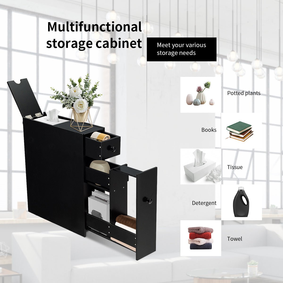 Freestanding Slim Bathroom Storage Cabinet with Slide - out Drawers — Black - VANT DESIGNS
