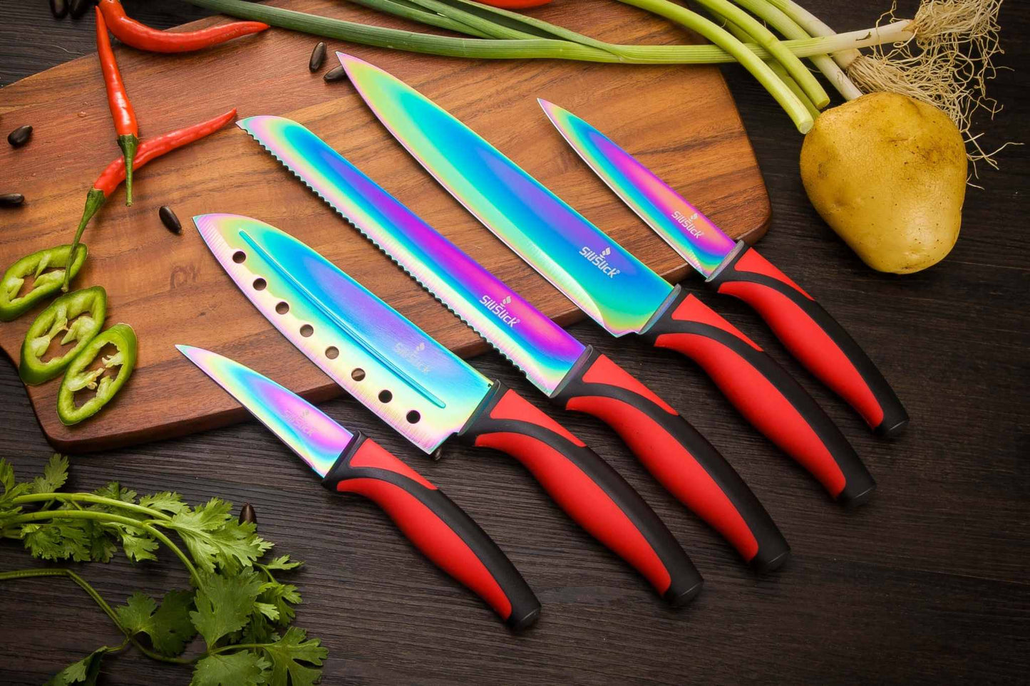 Kitchen Knife Set Kit | Red Handle & Black Magnetic Rack - VANT DESIGNS